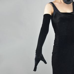 Beş Parmak Eldivenleri 53 cm Kadın Altın Kadife Uzun Sonbahar Kış Sıcak Sıcak Siyah Gece Elbise Görgü Retro Tarzı Ziyafet Aksesuarları Elastikiyet 231005
