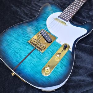 Auf Lager Merle Haggard Signature Tuff Dog Green Blue Sunburst E-Gitarre, gesteppte Ahorndecke, gelber Hals, goldene Hardware