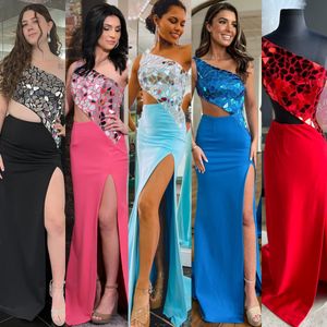 Tek Omuzlu Yüksek Slitli Uzun Balo Elbisesi 2K24 Kesilmiş Cam Ayna Lady Preteen Kız Pageant Elbise Resmi Parti Düğün Konuk Kırmızı Capet Pist Hoco Aqua Peacock Pink