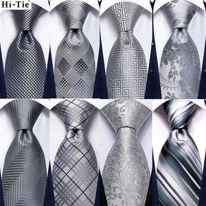 Галстуки-бабочки Hi Tie Silver Solid Новинка Дизайнерский шелковый свадебный галстук Gravata для мужчин Hanky Cufflink Set Fashion Business Party Drop 231005