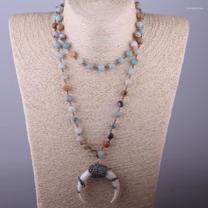 Pingente colares moda boêmio tribal artesanal jóias rosário corrente amazonita pedras boi chifre lua colar para mulheres