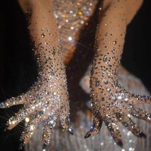 Beş Parmak Eldiven Lüks Streç Rhinestones Kadın Parlaklık Kristal Mesh Uzun Dansçı Şarkıcı Gece Kulübü Dans Sahnesi Göster Accesso300n