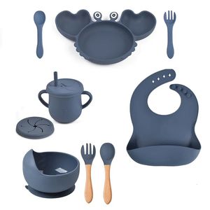 Cups Dishes Utensils Silicone Baby Feeding Set Suction Bowl Divided Plate Straw Sippy Cup Toddler Self Feeding Eating Utensils Dish Set with Bibs 231007