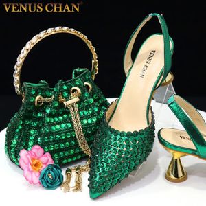 Dress Shoes Chan High Heels for Lady 2023 Luxury Designer Green Color Full Diamond Pointed Toe Wedding Shoe and Bag Set Party 231006
