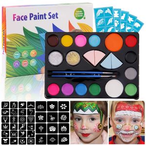 Kit de peinture corporelle pour le visage, peinture corporelle avec 14 couleurs, 2 paillettes, 2 pinceaux, 4 éponges, 9 pochoirs pour Halloween, cosplay, maquillage de fête 231006