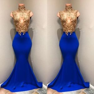 Gece elbiseleri kraliyet mavisi balo parti elbisesi resmi yüksek boyun kolsuz elastik saten altın aplike özel yeni fermuarlı dantel artı artı boyutu