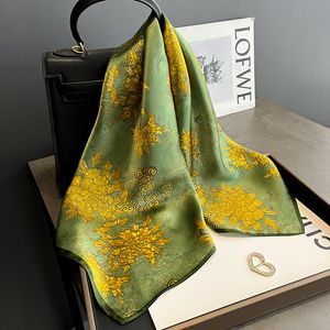 Yeşil Altın Şakayık Çiçeği% 100 Mulberry İpek Eşarp 70cm Kare Üst düzey İpek Eşarp