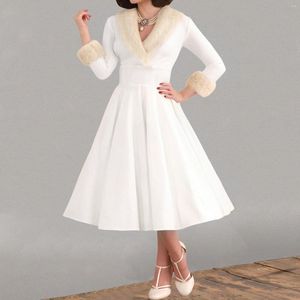 Sıradan Elbiseler Kadınlar Noel Moda Zarif Uzun Kollu Saç Kar yaka Giyim Bodycon Beyaz Mid-Malf Sundress Vestido Blanco
