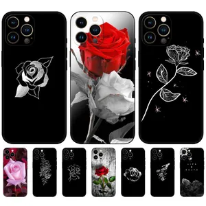 İPhone 15 için Çiçek Gül Kılıfları Artı 14 Pro Max 13 12 12 XS MAX XR X 8 7 6 iPhone15 Kız Lady Yumuşak TPU Moda Çiçek Şık Sevimli Güzel Siyah Telefon Kapak Cilt