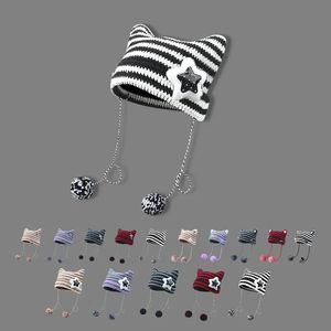 Beanie/Kafatası Kapakları Japonya Tasarımcı Özel El Yapımı Pentagram Yün Beanie Hat Ladies Sonbahar Bahar Sıcak Kedi Kulağı Örme Şerit Stripe Beanie Cap Pompom 231007