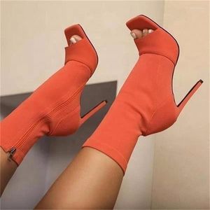 Moda peep sandalet bayanlar ayak parmağı streç kumaş örgü ayak bileği botları küçük delik içi boş nefes alabilen elbise kadınlar yüksek topuklu dans ayakkabıları 2692