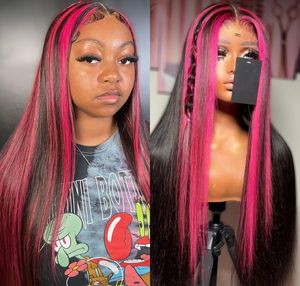 Перуанские волосы розово-розового цвета, прямой кружевной фронтальный парик, предварительно выщипанный с волосами ребенка, HD кружевной красный/желтый/синий парик для косплея для женщин