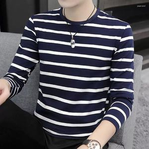 Мужские футболки, модная универсальная полосатая футболка с круглым вырезом, одежда, осень 2023, повседневные пуловеры большого размера, корейская футболка с длинными рукавами