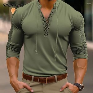Erkekler Tişörtleri Stand yaka çekilişli bağcıklı üstler erkekler vintage saf renk uzun kollu sonbahar tişörtler Erkek giysileri için gündelik kazak