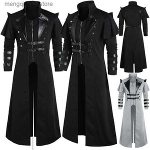 Tema traje vintage halloween medieval steampunk assassino elfos pirata vêm adultos homens preto longo split jaqueta gótico armadura casacos de couro q231010