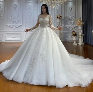 2024 Sıcak satış gelinlik illüzü boyun uzun kollu dantel aplikeler boncuklar gelin elbiseleri bornoz mariage vestidos de novia arapça dubai