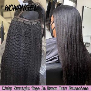 Peruk kapakları wowangel kinky düz bant ins insan saç uzantıları siyah kadınlar için 100 remy saç yapışkan görünmez brezilya doğal blackl2310/9