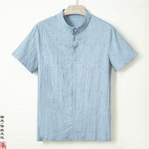 Erkek Tişörtleri Çin tarzı pamuk keten retro jacquard t-shirt stand-up yaka kısa kollu plaka düğmesi üst gömlek