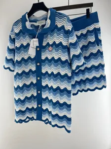 Tasarımcılar Erkek Knitwear Kadınlar Luxurys Kazablanka Gömlek Blue Hollow Out Tee Erkekler Günlük Örgü Gevşek Kısa Kollu Sokak Yüksek Kaliteli Tasarımcı Top