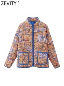 Women's Trench Coats ZEVITY Women Sweet Floral Print Cotton Padded Quilted Jacket Coat Female Pockets Patch Outerwear Chic Button Tops