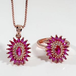 Collana orecchini set micro-intarsio occhio di cavallo corindone rosso zircone GIRASOLE ciondolo anello imitazione gemma naturale gioielli