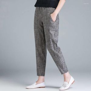 Kadın Pantolon 2023 Geliş Yaz Kadınlar Pamuk Keten Kore Moda Yüksek Bel İnce Sıradan Harem Çizgili Pantolon