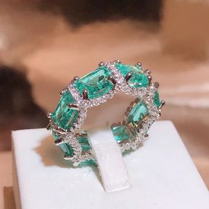 Bant Halkaları 925 Damga Yüksek Tanım Paraiba Zirkon Takı Ağır Sanayi Kakma Aquamarine Topaz Ring Kadın Partisi Düğün 231009