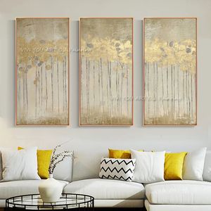 Картины, 3 панели, большой размер, ручная роспись, настенное искусство, картина, абстрактный пейзаж с золотыми листьями для гостиной, домашний декор, без рамки 231009