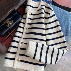 Women's Knits Tees Women Spring Autumn Sweaters O-neck Stripe Knitted Cardigan Fashion Long Sleeve Casual Short Tops Korean Style 231010