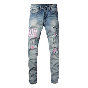 Jeans masculinos High Street Jeans Homens Carta Bordada Calças Jeans Buraco Patch Slim Fit Calças