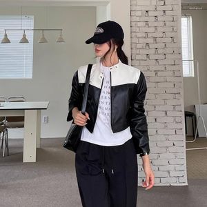 Giacche da donna Corea del Sud Chic Autunno Temperamento di nicchia Collo semi-alto Colore Patchwork Design Giacca corta da motociclista Cappotto in pelle da donna