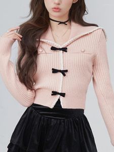 Женский вязаный осенний корейский модный вязаный кардиган, женский матросский воротник Kawaii, милый свитер, женский повседневный винтажный свитер с бантом, 2023