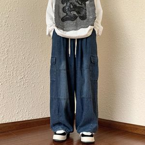 Jeans masculinos primavera e outono trabalho japonês ins moda americana solta reta azul perna larga calças casuais