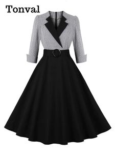 Artı boyutu elbiseler tonval ekose ve siyah zarif bayanlar rockabilly pamuk çentik yakalı 3 4 kollu sonbahar kış kadınlar vintage elbise 231009
