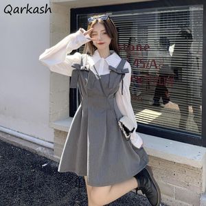 Vestidos de trabalho define feminino preppy estética arco duas peças camisas sólidas high street elegante roupas coreanas moda adolescentes hipsters ins