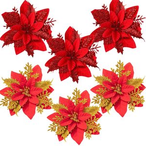 Decorações de Natal 3 PCS Flores de Natal Vermelho Ouro Bling Cabeças de Flores Para Noel Home Decorações de Árvore Navidad Party Table Setting Decor Supplies 231009