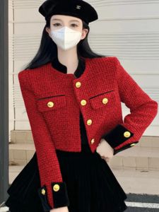 Kadın ceketleri küçük kokulu ceket şık standı tüvit ceket kadınlar kırmızı vintage sonbahar chaquetas mujer jaqueta feminina siyah çizgili hırka 231010