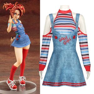 Tema Kostüm Filmi Çocuk Oyunu Cosplay Chucky Kadınlar İçin Gelin Denim Tulumlar Elbise Kıyafet Yetişkin Çocuklar Korku Killer Karnaval Cadılar Bayramı T231011
