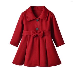 Зимнее пальто для девочек, размер 8, теплая шерстяная куртка с длинными рукавами для малышей, однотонная красная одежда с галстуком-бабочкой