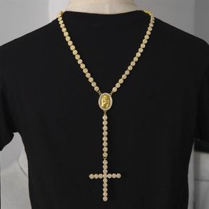Erkekler Lüks Uzun Kolye Altın Gümüş Full Buzlu Dışarıda Rhinestones İsa'nın yüzü büyük çapraz kolye kolye rosary punk mücevher267n