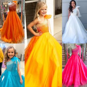 Turuncu Kız Preteens Pageant Elbise 2024 Bir Omuz Yay Ombre Kristalleri Organza Küçük Çocuk Eğlenceli Moda Pist Draması Kokteyl Elbise Toddler Teen Miss Sarı Neon-Pink