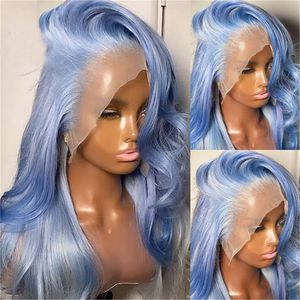 Перуанские синие цветные человеческие волосы Парики для женщин Предварительно сорванный прозрачный 13x4 кружевной фронтальный парик 613 объемная волна кружевной передний парик косплей синтетический парик