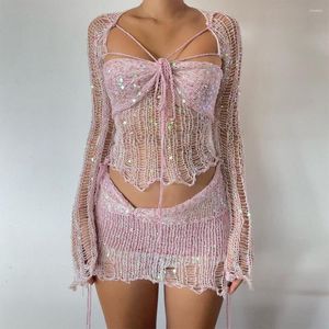 Vestidos de trabalho crochê vestido de malha três peças conjuntos saia sexy colheita topos lantejoulas 2023 verão roupas femininas elegante 2 conjunto roupa