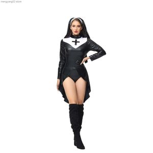 Tema kostümü seksi siyah beyaz katolik üniforma iç çamaşırı cadılar bayramı kadınlar için geliyor rahibe cosplay coming women t231011