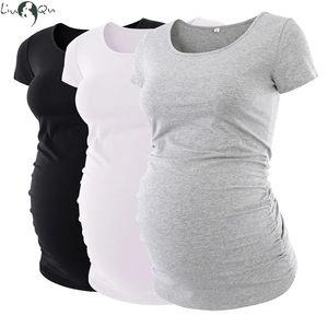Топы для беременных Футболки для беременных Одежда Ropa Embarazada Рубашка Топы с круглым вырезом Футболка для беременных Повседневный пуловер для беременных с рюшами по бокам 231006