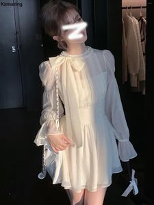 Sıradan elbiseler Kore Tatlı Yay Şifon Mini Elbise Sonbahar Moda Zarif Tek Parça Uzun Kollu Y2K Vestidos Kadın Tatil Giysileri