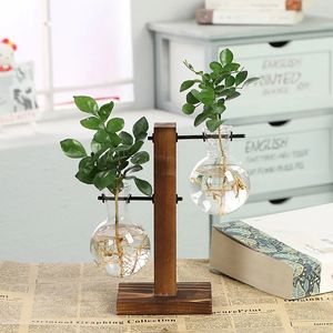 Vases Terrarium Hydroponic Plant Vintage Flower Pot Transparent Vase Wooden Frame Glass Tabletop Plants Home Bonsai Decor 231011