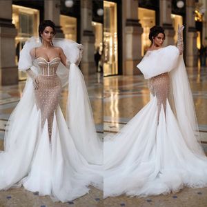 Luxury Mermaid African Wedding Dresses Beaded Ruffles Sexy Vintage Lace Organza Bridal Wedding Gowns