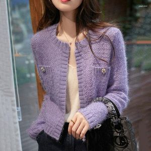 Kadın Örgü Mor Örgü Sweater Hırka Ceket Kadınlar Vintage Sonbahar Kış Koreli O yakalı Parlak İpek Kısa Ceket Zarif Moda
