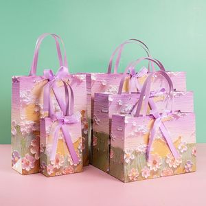 Gift Wrap Cream Style 3D Flower Oil Painting Paper Bag Christmas Birthday Wedding Gifts Bouquet Packages Tote Clothing Store Handbag